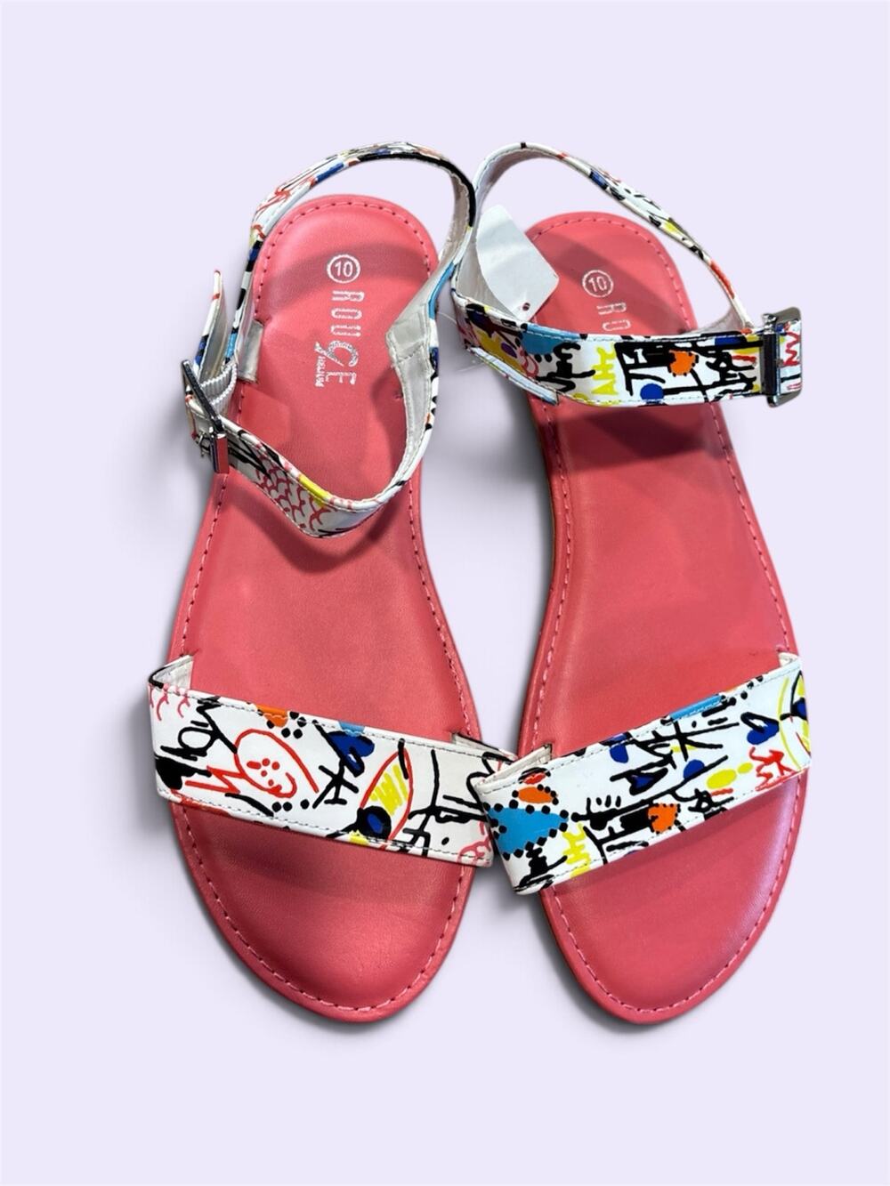 Rouge Women’s Size 10 White Multi Graffiti Print Ankle Strap Flat Sandals